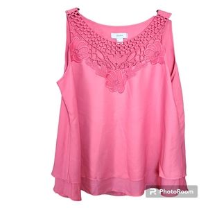 CJ Banks Size X or 14W Pink Crochet Detail Flowy Layered Sleeveless Blouse Boho
